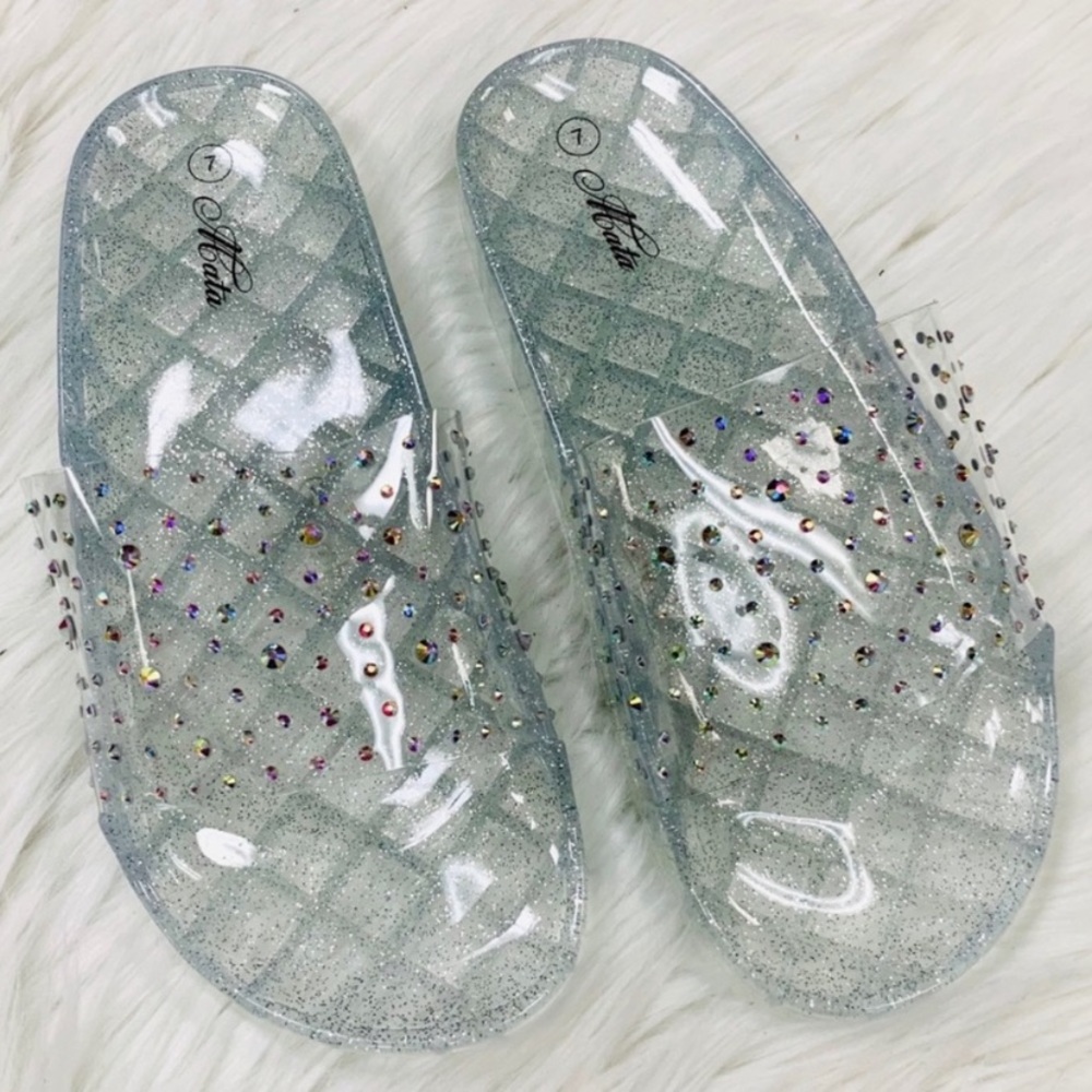 Clear Rhinestone studded jelly slides